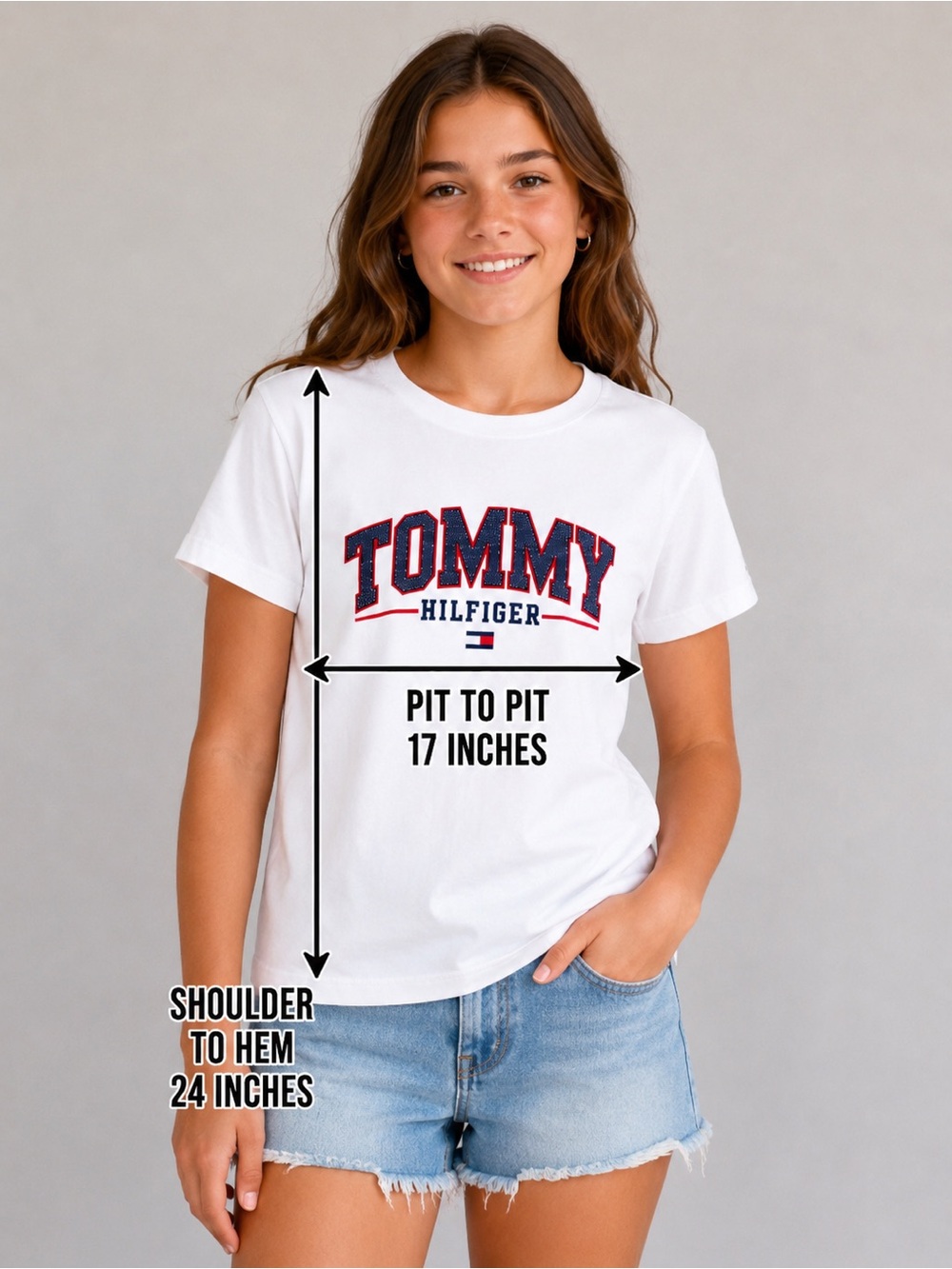 Tommy Hilfiger White Short Sleeve Logo Tee with Red & Blue Accent -Girls 14/16